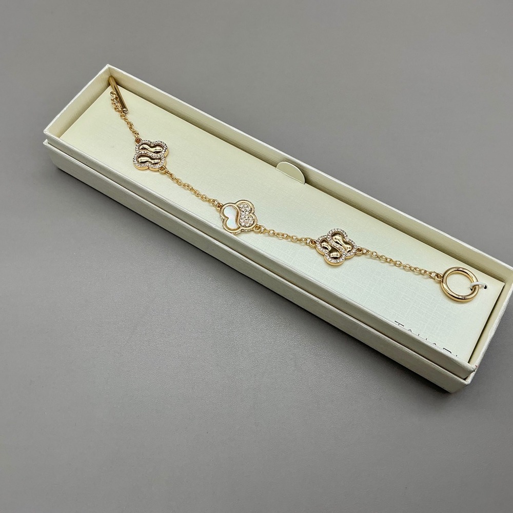 Tahari Bracelet Women Gold Tone Clover Faux Pearl Pave Crystal Toggle Clasp 8in